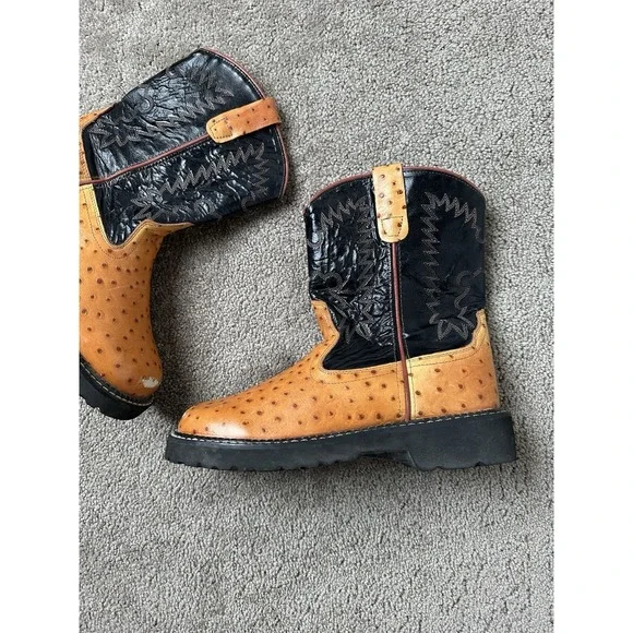 Young Cowboy Western Boots Old West Ostrich Boots Brown Leather, Size 070, US 7 - Picture 2 of 6